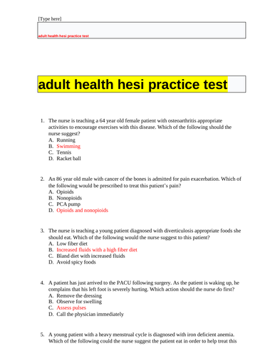 adult health hesi practice test graded A | Teaching Resources