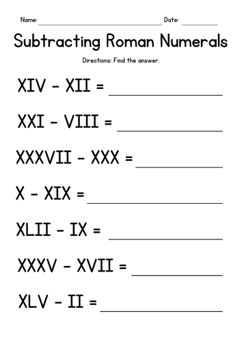 Subtracting Roman Numerals Worksheets
