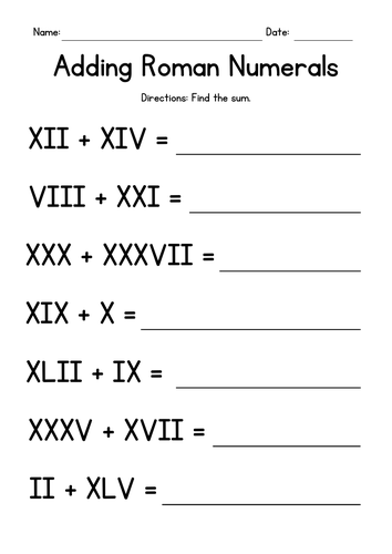 Adding Roman Numerals Worksheets