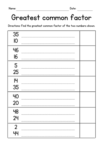 GCF of 2 Numbers - Factoring Worksheets