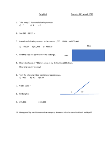 EarlyBirds - A set of 10 maths questions for children to answer in the ...