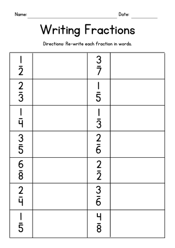 Writing Fractions in Words Worksheets
