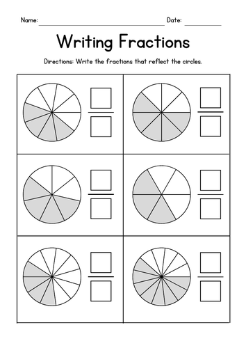 Writing Fractions - Reading Pie Charts Worksheets
