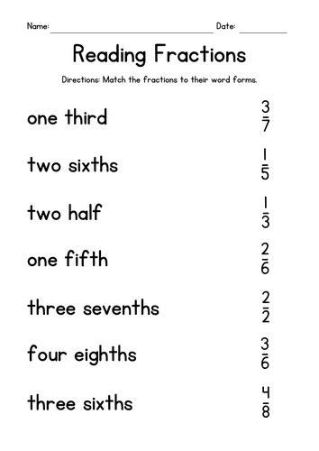 Reading Fractions - Matchup Worksheets