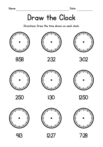Draw the Clock (1 minute intervals) Worksheets