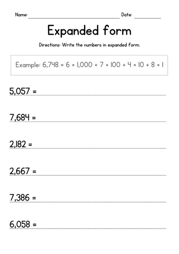 Writing 4-Digit Numbers in Expanded Form Worksheets