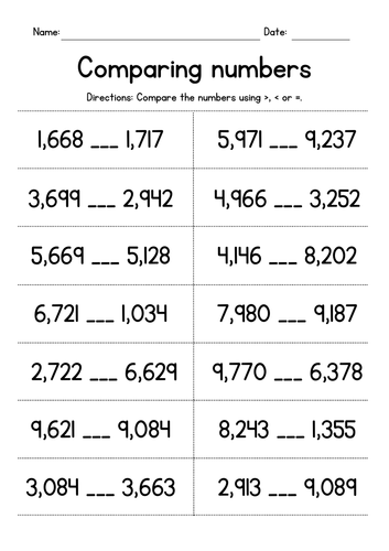 Comparing 4 Digit Numbers Worksheet Pdf