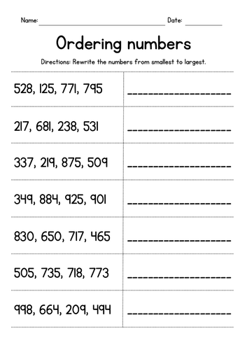 Ordering 3 Digit Numbers From Least To Greatest Worksheet