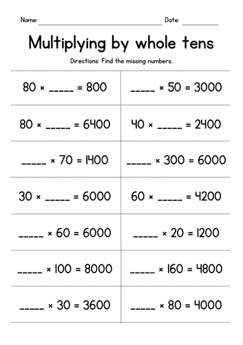 Multiplying Whole Tens - Missing Numbers Worksheets