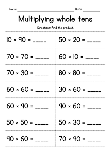 Multiplying Whole Tens - Multiplication Worksheets