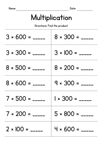Multiplying 1-Digit Numbers by Whole Hundreds