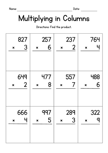 Multiplying 1-Digit by 3-Digit Numbers in Columns