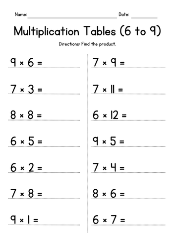 Multiplication Times Tables (6 to 9) Worksheets