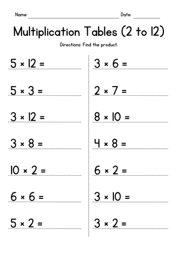 Multiplication Times Tables (2 to 12) Worksheets