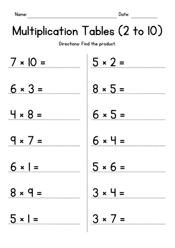 Multiplication Times Tables (2 to 10) Worksheets