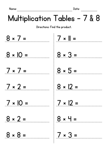 Multiplication Tables of 7 and 8