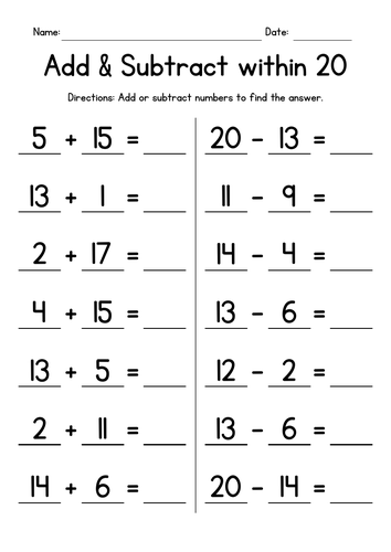 Adding & Subtracting within 20 Worksheets | Teaching Resources