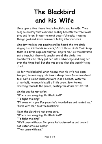 Y5 Reading Comprehension: The Blackbird and his Wife | Teaching Resources