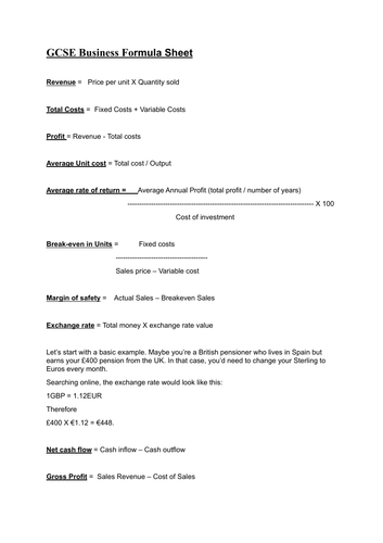 AQA GCSE Business Formula Sheet Teaching Resources