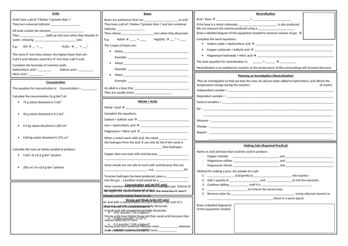 'Acids and their Reactions' Revision Sheet + answers (Chemical Changes)