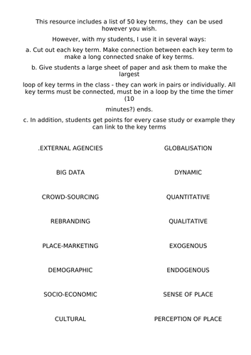 AQA A Level Changing Places Key Word Revision