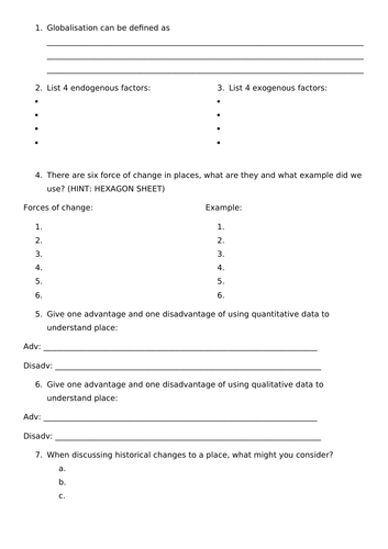 AQA Changing Places Quick Quiz