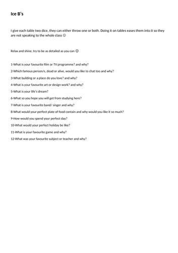 Ice breaker questions for first week | Teaching Resources