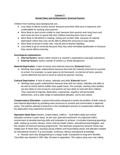 Education- Social Class and Achievement (External Factors) | Teaching ...