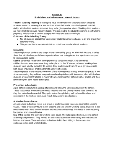 Education- Social Class and Achievement (Internal Factors) | Teaching ...