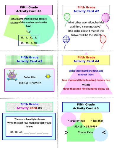 Fifth Grade Activity Cards WITH Lesson Plan (30 Cards with Lesson ...