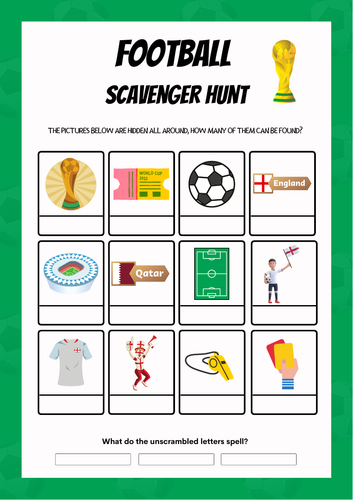 World Cup 2022  Scavenger Hunt Game. Fun Find the Football Clues Class Game