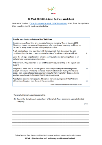 A Level EDEXCEL Business 10 Mark Exam Practice | Teaching Resources