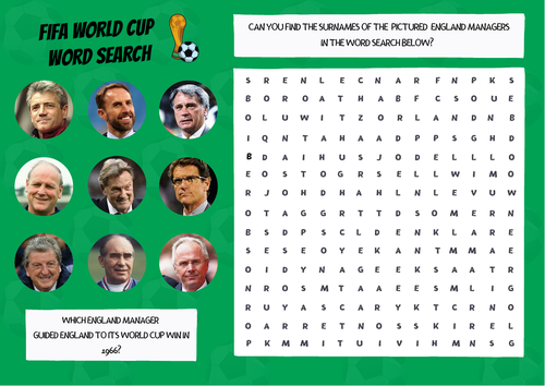 FIFA World Cup England Manager Word Search. Football Activity Sheet and Answers.