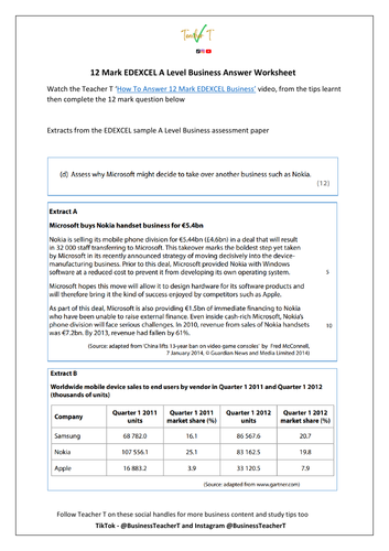A Level EDEXCEL Business 12 Mark Exam Practice | Teaching Resources