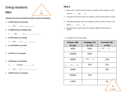 energy-and-power-equations-teaching-resources