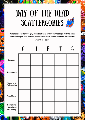 Day of the Dead Scattergories Fun Classroom Game / Filler . Halloween