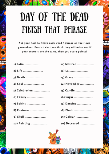 Day of the Dead  Finish That Phrase Game Sheet. Halloween Quiz.
