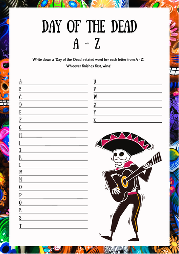 Day of the Dead Game. A-Z and Word Creation Game.