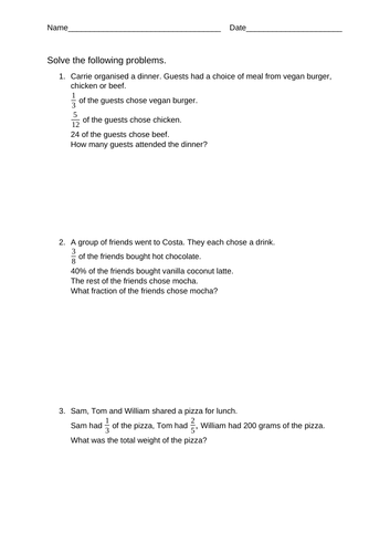 Challenging Word Problems on Fractions of Amounts Worksheet | Teaching ...