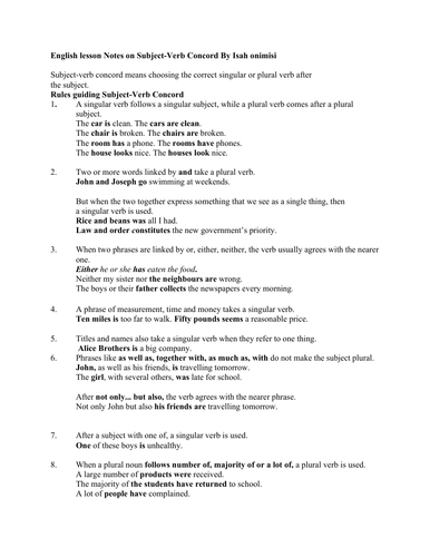 English lesson notes on subject-verb concord | Teaching Resources