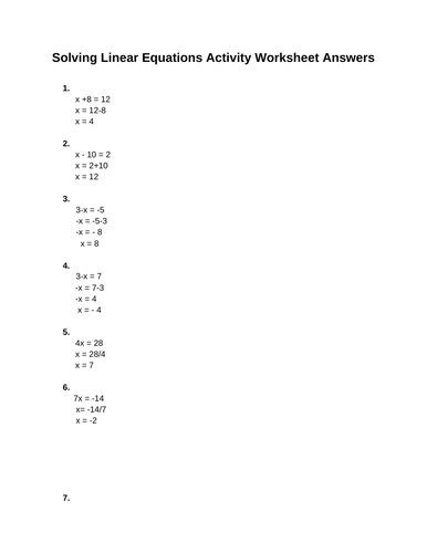 Solving Linear Equations Activity Worksheet | Teaching Resources