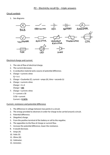 AQA Physics GCSE P2 Triple - Electricity recall and practice Qs ...