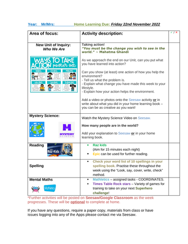 Homework template (Editable) | Teaching Resources