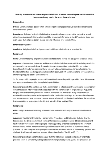 Sexual Ethics ESSAY PLANS- Philosophy & Ethics A Level OCR