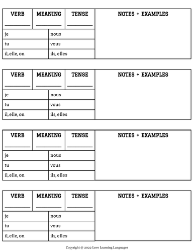French Verb Conjugation Practice Charts Any Tense Teaching Resources