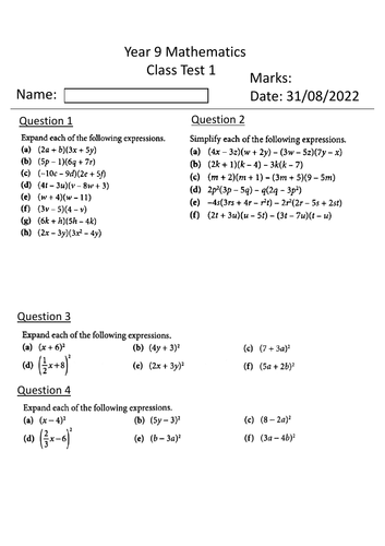 algebra-year-9-class-test-1-mathematics-questions-with-answers