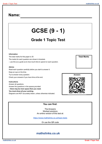Grade 1 GCSE Maths Topic Test/Worksheet | Teaching Resources