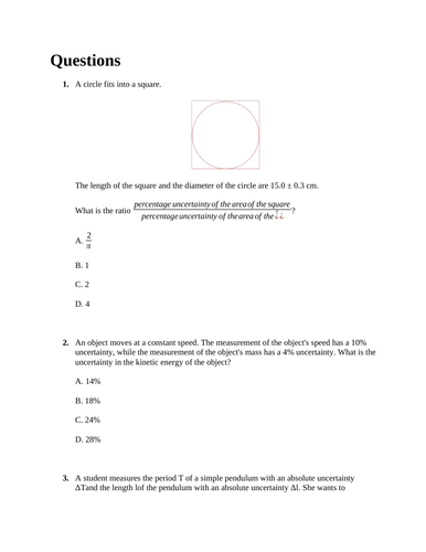 Topic 1.2 Uncertainties 10 MCQ for IB DP Physics Paper 1