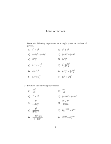 Laws of indices (harder exercises) worksheet (with solutions ...