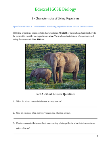 Edexcel Igcse Biology Worksheet 1 Characteristics Of Living Organisms Teaching Resources 